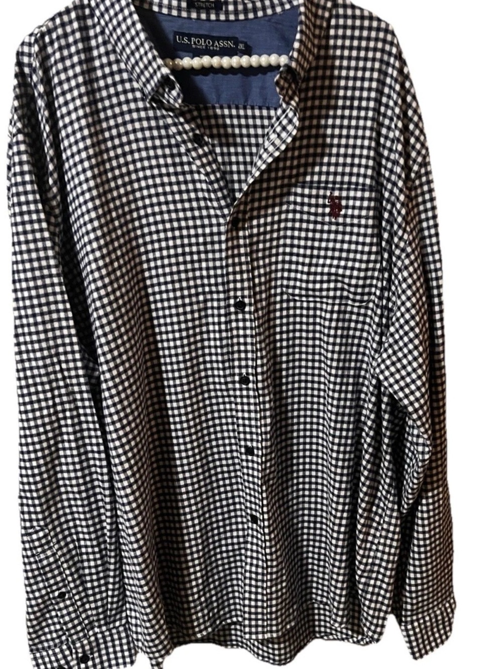 US Polo Ass Men's 2 XL Stretch FitBlue White Plaid Long Sleeve Button Down Shirt